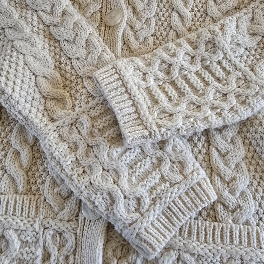 Aran Mor Ireland Cable Knit Cardigan Sweater Merino Wool Cream Womens Large - Picture 15 of 16